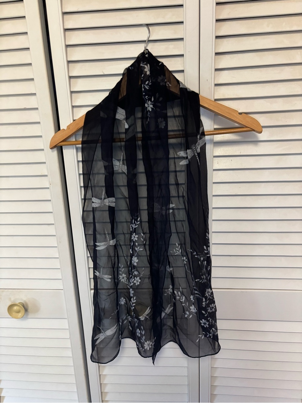 Halston Heritage Black Sheer Scarf with Silver Dragonfly & Floral Embroidery